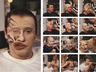 An image showing the lengthy process of applying the prosthetic make-up for the phantom in The Phantom of The Opera