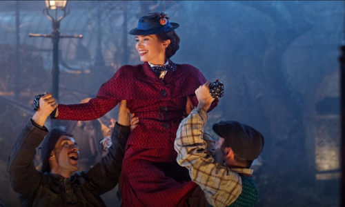 Emily Blunt starring as Mary Poppins, being lifted by two actors