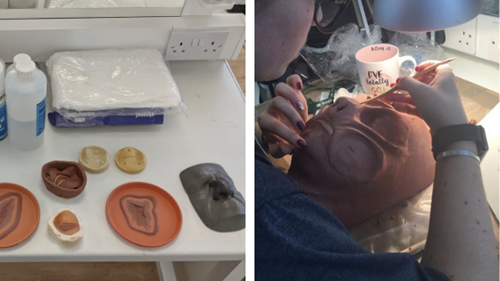 Flat moulds made from chavant clay to create prosthetics make up, make-up artist sculpting chavant clay on a lifecast